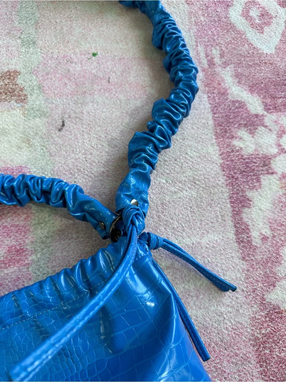 Bright Blue Croc-Texture Ruched Handle Shoulder Bag